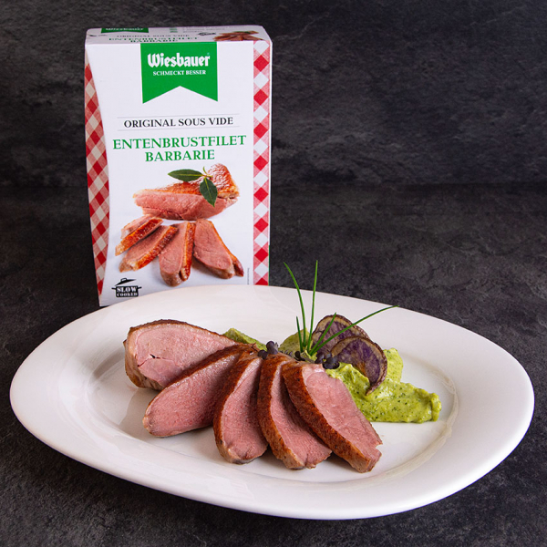 Entenbrustfilet Barbarie Sous Vide, absoult gelingsicher. Vorgegartes Entenbrustfilet von Wiesbauer Gourmet. Entenbrust Filet online kaufen. Sous Vide Wiesbauer