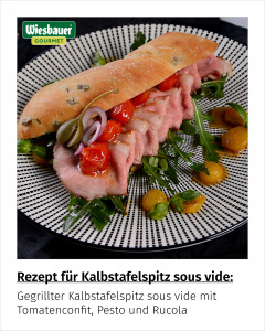 Gegrillter Kalbstafelspitz sous vide mit Tomatenconfit, Pesto und Rucola