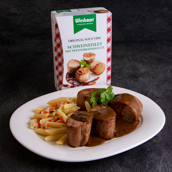 Original Sous Vide Schweinefilet mit Pfefferrahmsauce 550 g ➤ Wiesbauer Sous Vide Fertiggericht. Schweinefilet mit Pfefferrahmsauce kaufen!