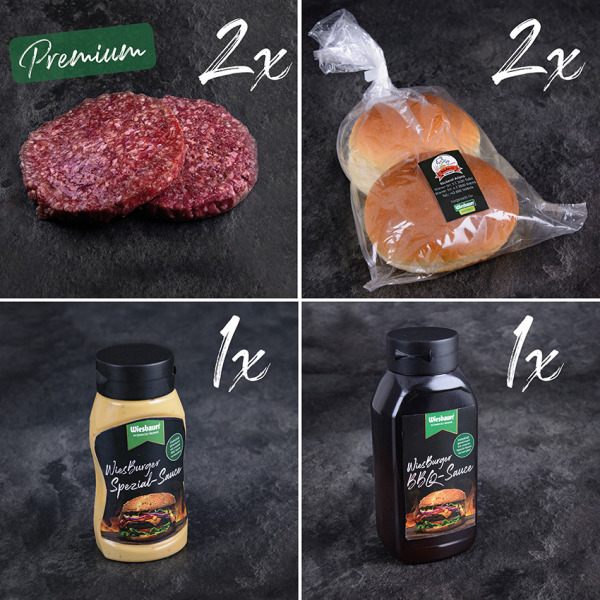 Wiesburger Premium Package für 4 Personen. Burger online kaufen. 4 Pattys Gourmetfleisch, 4 handgemachte Brioche Buns, Sauce, ...