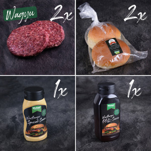 Wiesburger Wagyu Package für 4 Personen. 4 Wagyu Burger Pattys, 4 handgemachte Brioche Buns mit BBQ-Sauce & Spezial Sauce für Burger.