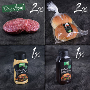 Wiesburger Dry Aged Burger Package. 4 Dry Aged Burger Pattys, 4 handgemachte Brioche Buns, BBQ-Sauce & Spezial Sauce für Burger.