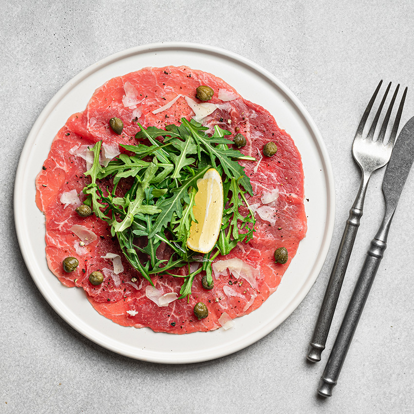 Chianina Carpaccio von Wiesbauer Gourmet, Carpaccio vom Chianina Rind, Chianina Ribeye Entrecôte, Chianina Carpaccio kaufen, Chianina Entrecôte Ribeye Steak