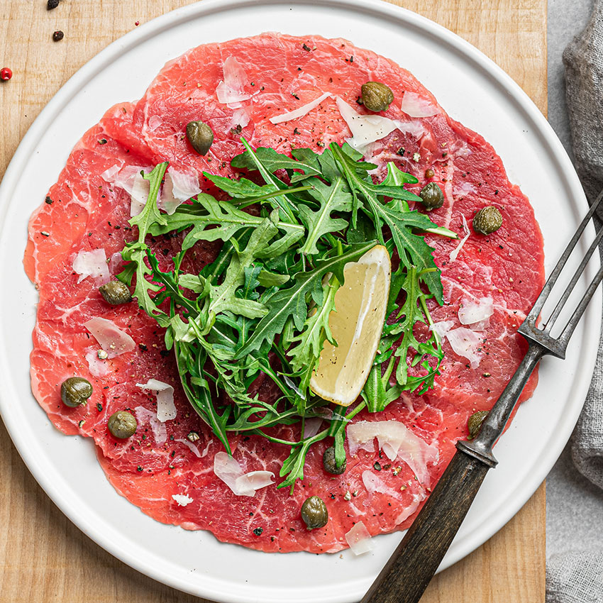 Chianina Carpaccio von Wiesbauer Gourmet, Carpaccio vom Chianina Rind, Chianina Ribeye Entrecôte, Chianina Carpaccio kaufen, Chianina Entrecôte Ribeye Steak