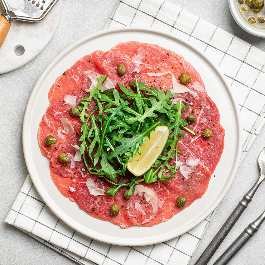 Chianina Carpaccio von Wiesbauer Gourmet, Carpaccio vom Chianina Rind, Chianina Ribeye Entrecôte, Chianina Carpaccio kaufen, Chianina Entrecôte Ribeye Steak