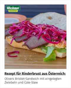 Olivers Brisket-Sandwich mit eingelegten Zwiebeln und Cole-Slaw