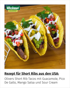 Olivers Short Rib Tacos mit Guacamole, Pico De Gallo, Mango Salsa und Sour Cream