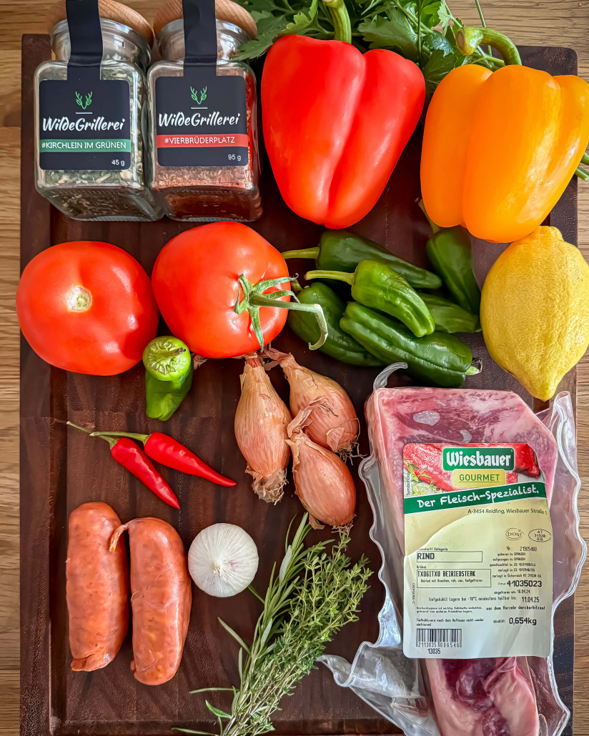 Daniels Txogitxu Beiried mit Chorizo-Sauce und Gemüse Daniels Txogitxu Beiried mit Chorizo-Sauce und Gemüse