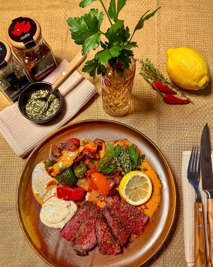 Daniels Txogitxu Beiried mit Chorizo-Sauce und Gemüse Daniels Txogitxu Beiried mit Chorizo-Sauce und Gemüse