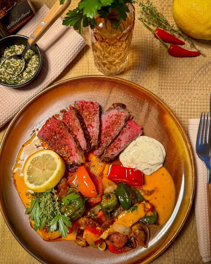 Daniels Txogitxu Beiried mit Chorizo-Sauce und Gemüse Daniels Txogitxu Beiried mit Chorizo-Sauce und Gemüse