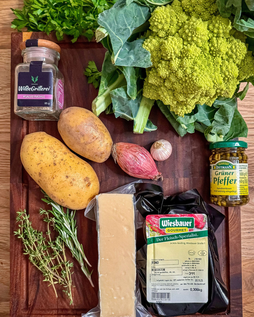 Daniels Rumpsteak mit Pfeffersauce, Kartoffelgratin und Romanesco